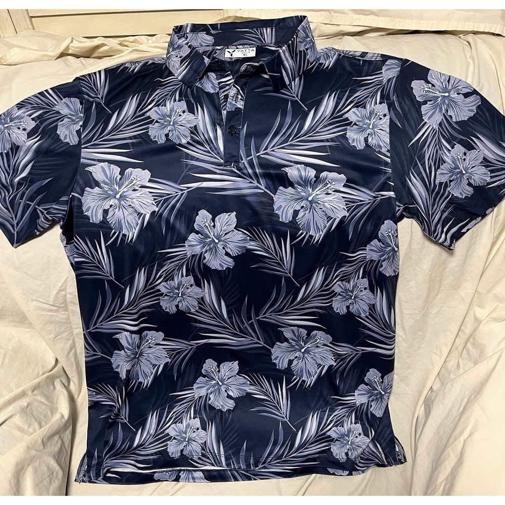 YATTA‎ GOLF Blue Short Sleeve Floral Golf Polo Shirt Polyester Spandex, Size XL